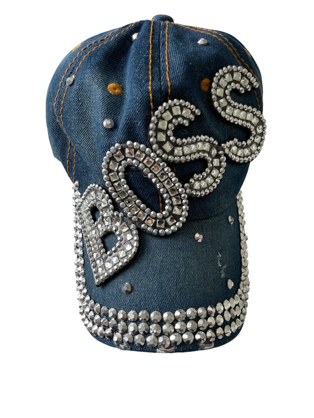 Denim Bling Baseball Cap with Crystal 'BOSS' Accent - Picture 3 of 8